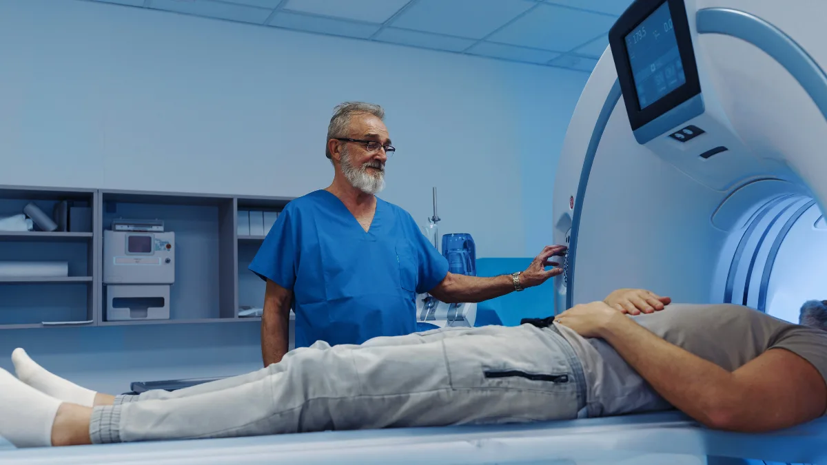 Patient undergoing a coronary calcium CT scan