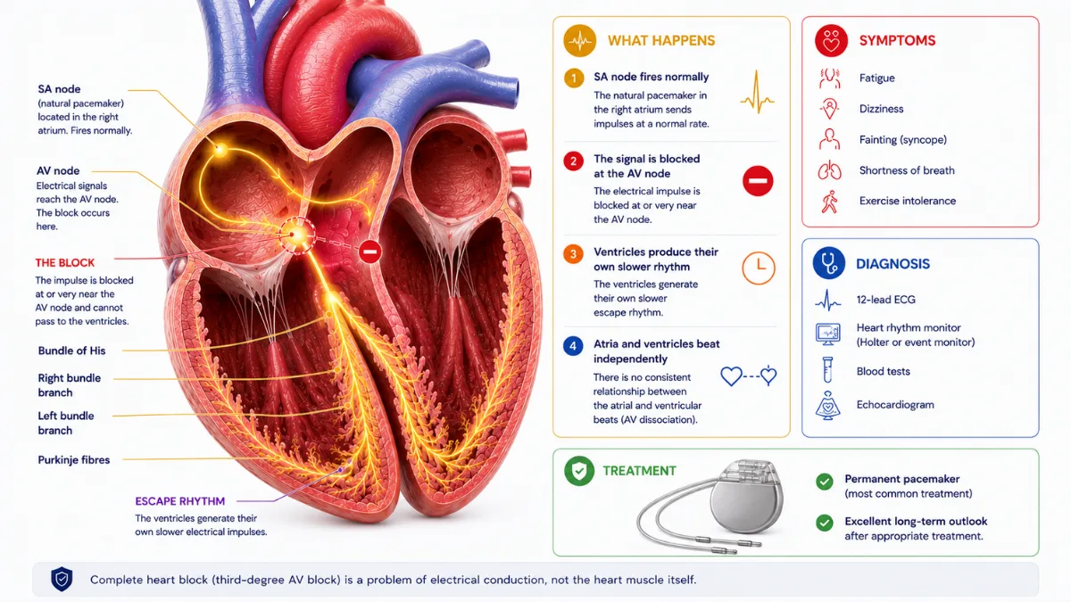 Complete Heart Block: What It Means and How It's Treated 2 Cross-section of the heart showing the conduction system. The SA node fires normally in the upper chambers, the impulse is blocked at the AV node, and the ventricles generate their own slower escape rhythm. Side panels summarise what happens, the symptoms, how it is diagnosed, and the treatment
